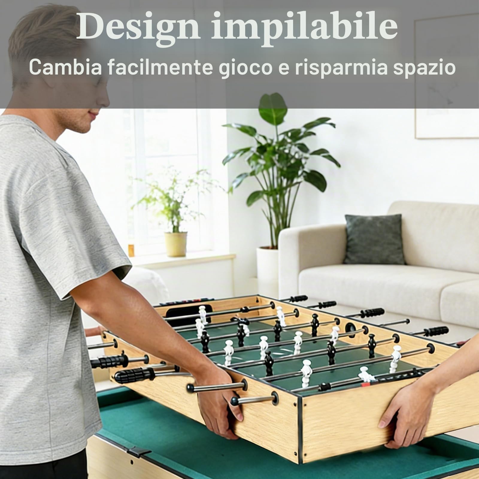 Tavolo da Gioco Multifunzione 12 in 1 Pieghevole con Calcio Balilla, Biliardo, Ping-Pong, Hockey, Shuffleboard, Bowling, Scacchi, Dama, Backgammon e Poker, Completo di Tutti Gli Accessori