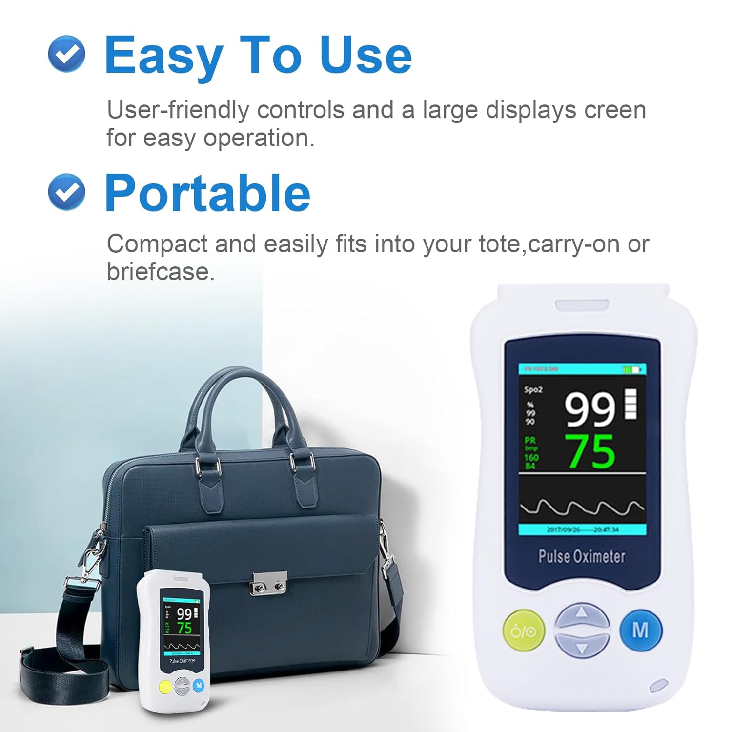 Pulse Oximeter, Continuous Pulse Oximeters Medical Grade Accuracy SpO2 Overnight Pulse Rate Monitoring 20 Hours Pulse Oximeter Handheld Blood Oxygen Saturation Monitor with 500 Data Storage