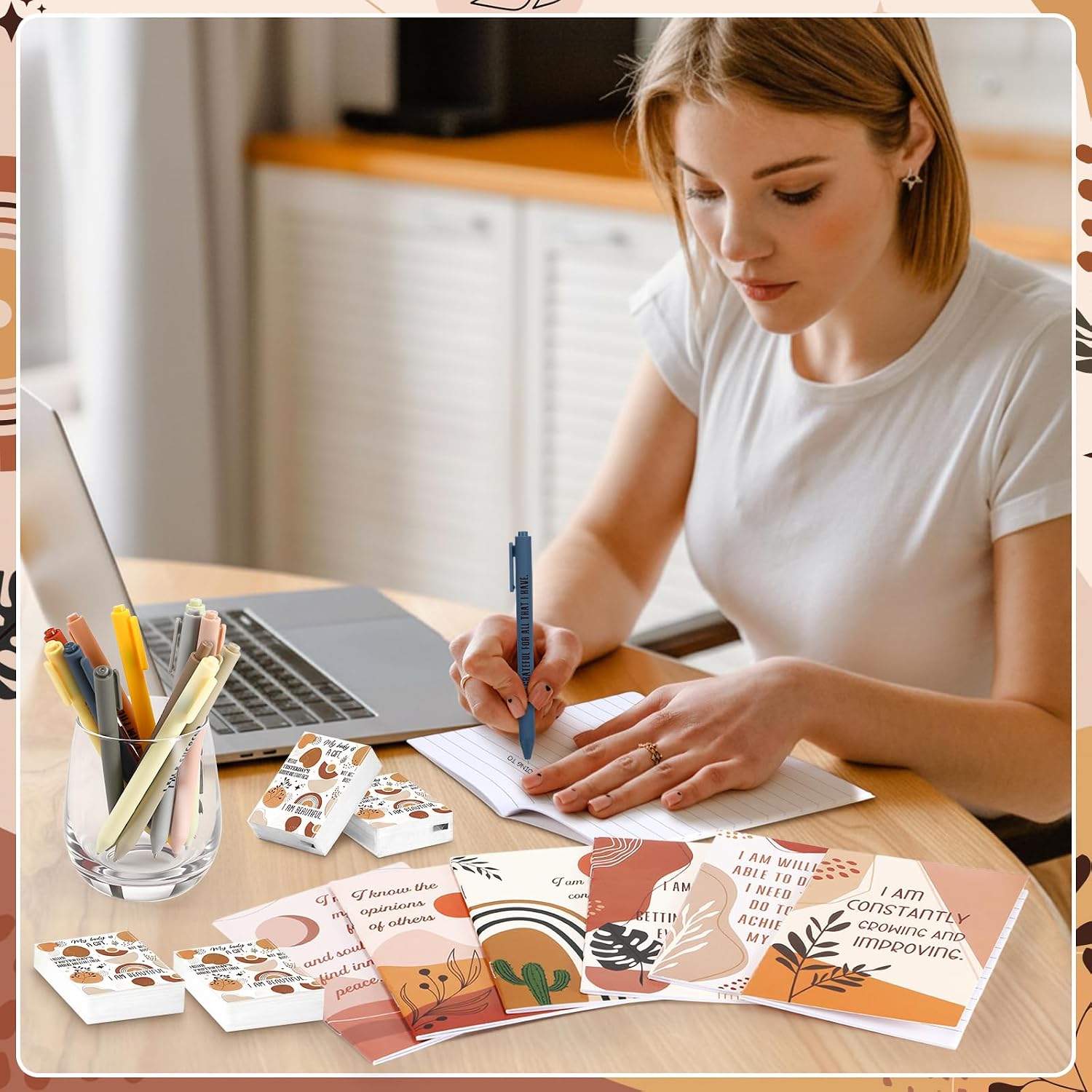 Mooliwe 12 Sets Positive Affirmation Gifts Bulk, Boho Self Care Package-pocket Tissues, Notepads, Ballpoint Pens & Organza Bags, Encouragement Gifts for Women, Employees, Teachers, Coworkers