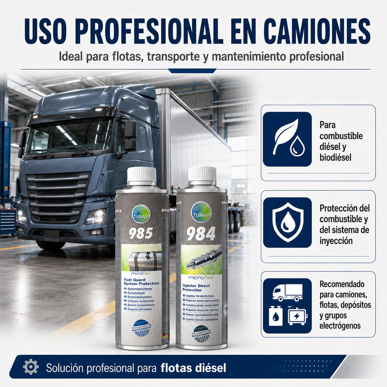 Kit Diésel Aditivos Tunap 985 + Tunap 984 500 ml Aditivos para Tratamiento de Combustible y Protección de Inyección Common Rail Diésel, Biodiésel, Flotas y Maquinaria