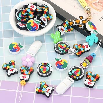 LIYDE 12-Piece Autism Awareness Silicone Beads Kit - Bear & Apple Design Focal Beads for DIY Keychains, Bracelets & Lanyards