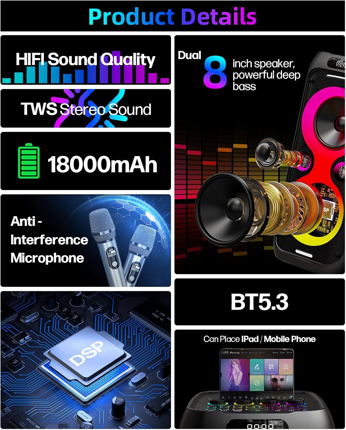 Karaoke Machine for Adults 24 Hour Non-Stop Big Party Speaker Bass Boost w/Double 8 Woofer Portable Bluetooth Speaker, 2 Wireless Microphone, DJ Mode/AC Power/Guitar Input