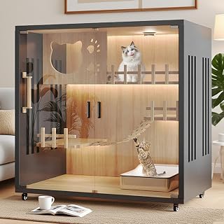 Luxury Modern Cat Villa Indoor, Large Wooden Cat House for Ventilation Doors, Multi-Feature Cat Condo with Lockable Wheels & Tempered Glass (No Litter Box) (Black, 35.4 * 35.4 * 23.6in)