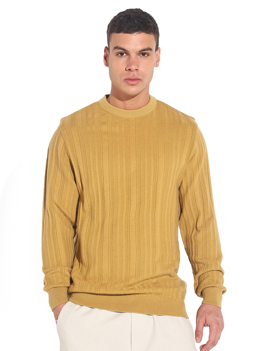 Edition Men's Mustard Ribbed Round Neck Sweater-LBR-7662_Mustard-image-38