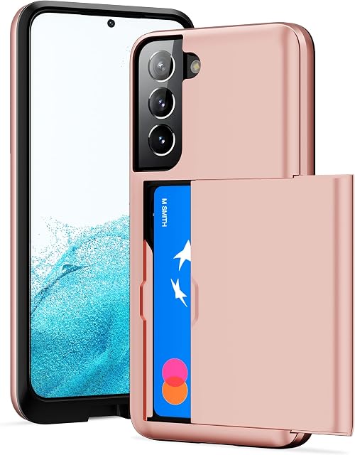 ACOCOBUY Case for Samsung Galaxy S22 Case Shockproof Galaxy S22 5G Wallet Case Protective S22 Case with Card Holder Slide Cover Dual Layer Armor Case Rubber Bumper Cover for Samsung S22 5G Rose Gold