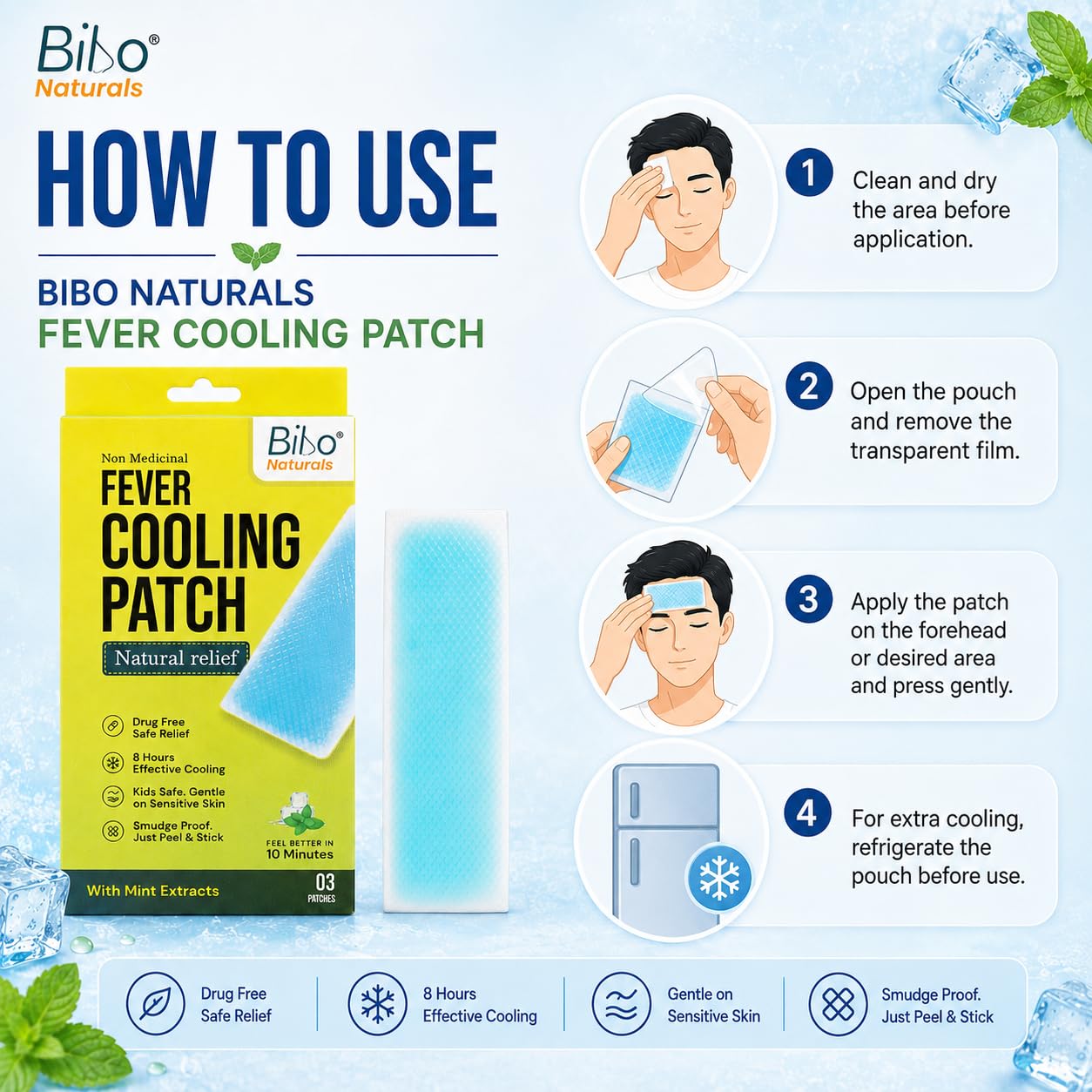 Bibo Fever Cooling Patch with Mint Extracts, Up to 8 Hours Cooling, Pack of 3 Patches — Amazon image 6