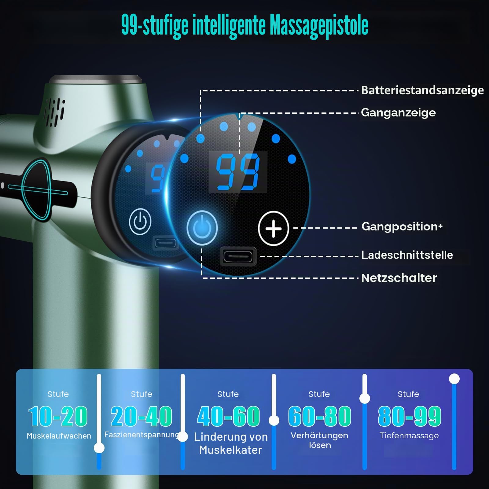 AQXONG Mini Muskelmassagepistole, Tragbares Elektrisches Massagegerät mit LCD Display, 99 Geschwindigkeiten, 8 Massageköpfe, Ultraleise Massagepistole 35DB, Wiederaufladbare Massagepistole