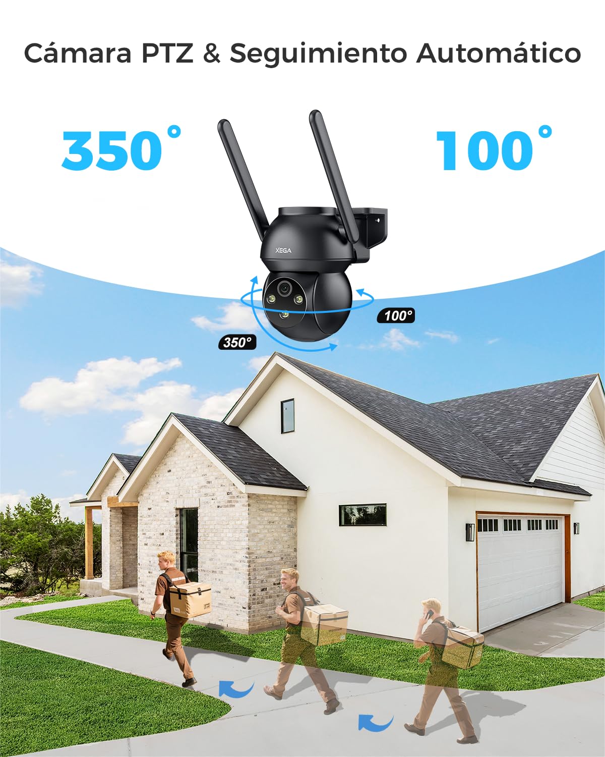 Xega 4G LTE Camara Vigilancia Exterior con Tarjeta SIM, 24/7 Grabación, PTZ Seguimiento Automático, Detección Humana, Foco y Sirena Visión Nocturna en Color 2K HD Almacenamiento TF/Cloud IP66