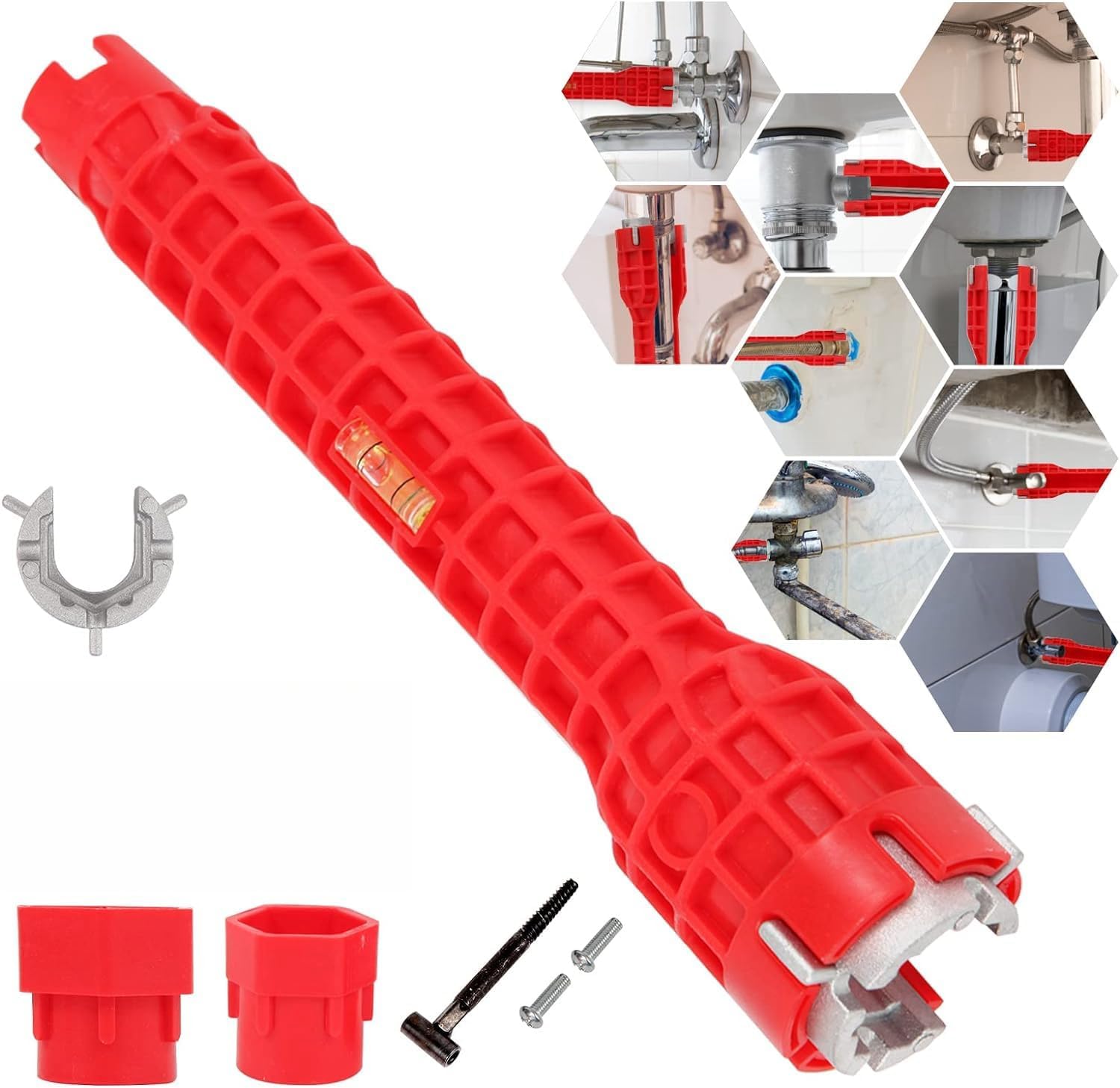 Hogood Excefore Faucet And Sink Installer Tool，(8 In 1) Multi-Purpose Bathroom Wrench For Toilet/Sink/Bathroom/Kitchen Plumbing Drain Tool (Red)