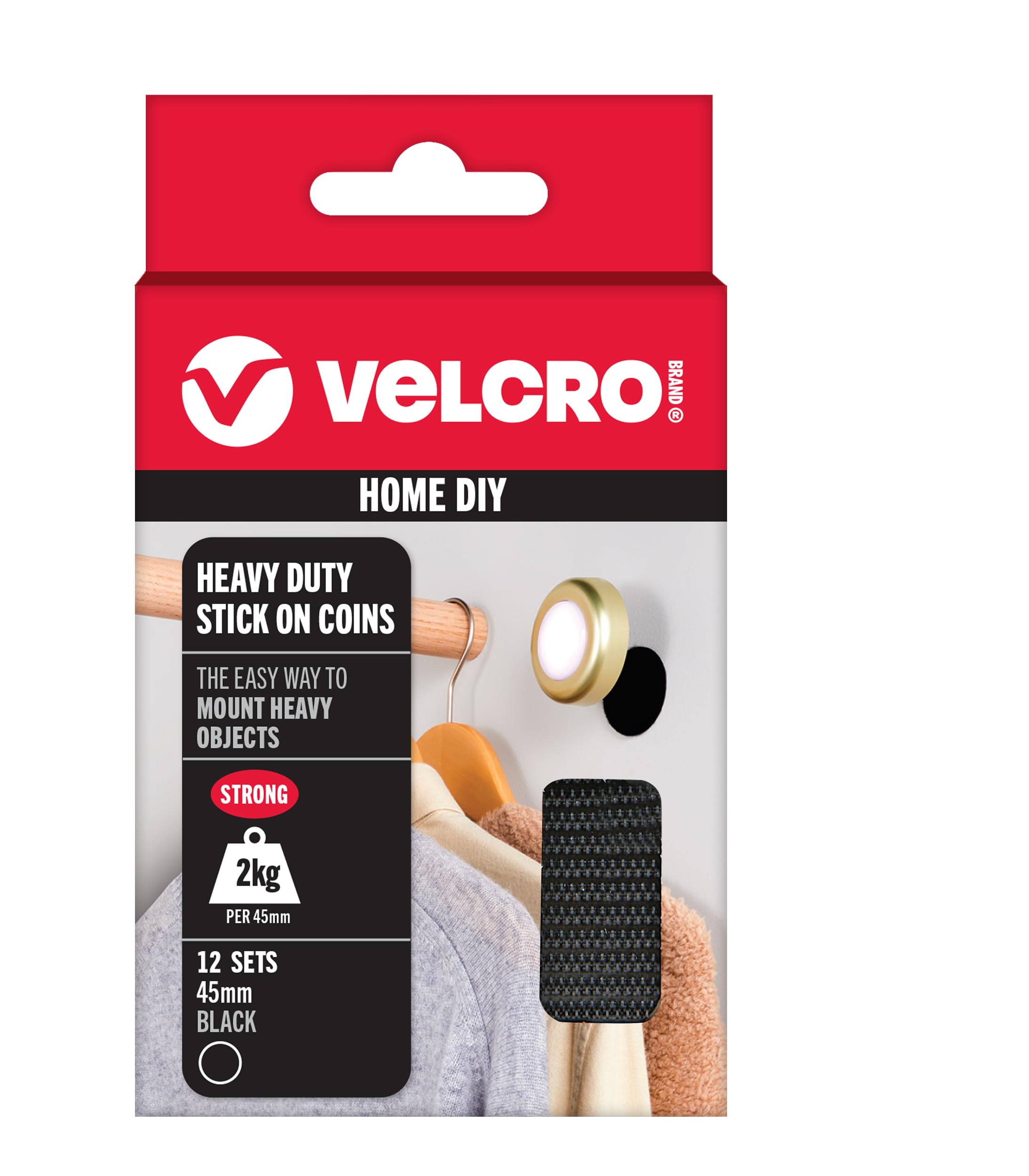 VELCRO Brand | Heavy Duty Stick On Coins | Industrial Strength Hook & Loop Self Adhesive Sticky Coins | Perfect for Room Décor & Home Office Garage Use | Black | 45mm x 45 mm | Pack of 12