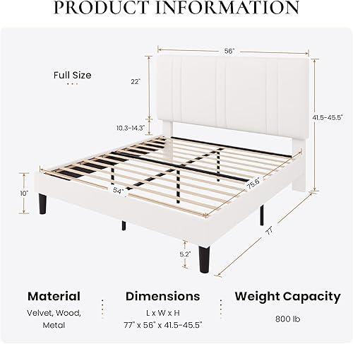 Miniatura 2 de SHA CERLIN Base de cama de plataforma de tamaño matrimonial, cama tapizada de terciopelo con cabecera ajustable, diseño capitoné de canal vertical,