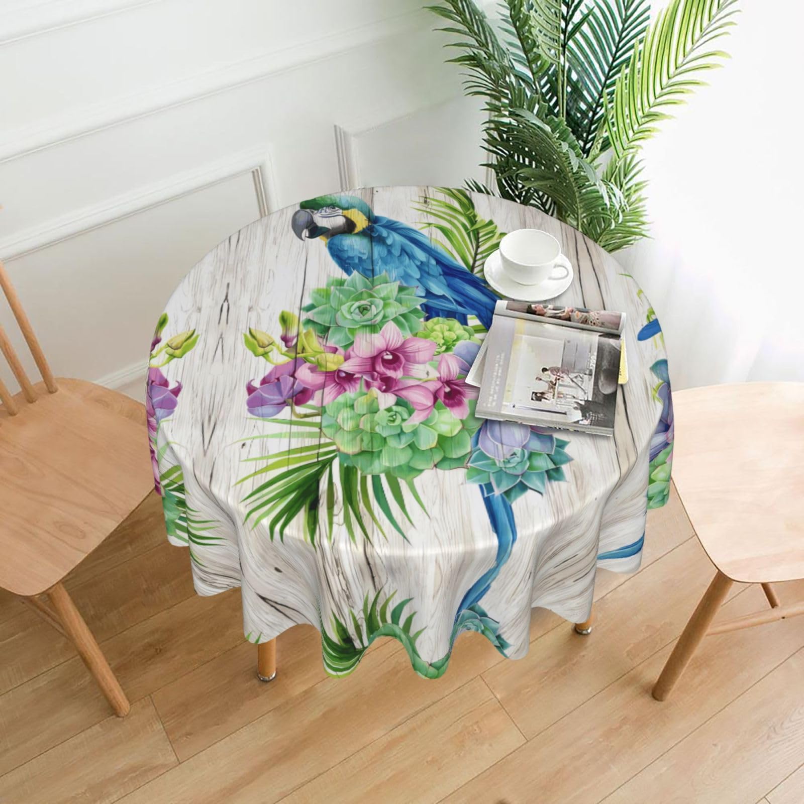 YYHWHJDE Blue Parrot in Flowers Prints Round Decorative Tablecloth 60in - High-Grade Polyester Throw for Elegant Dining & Festive Gatherings