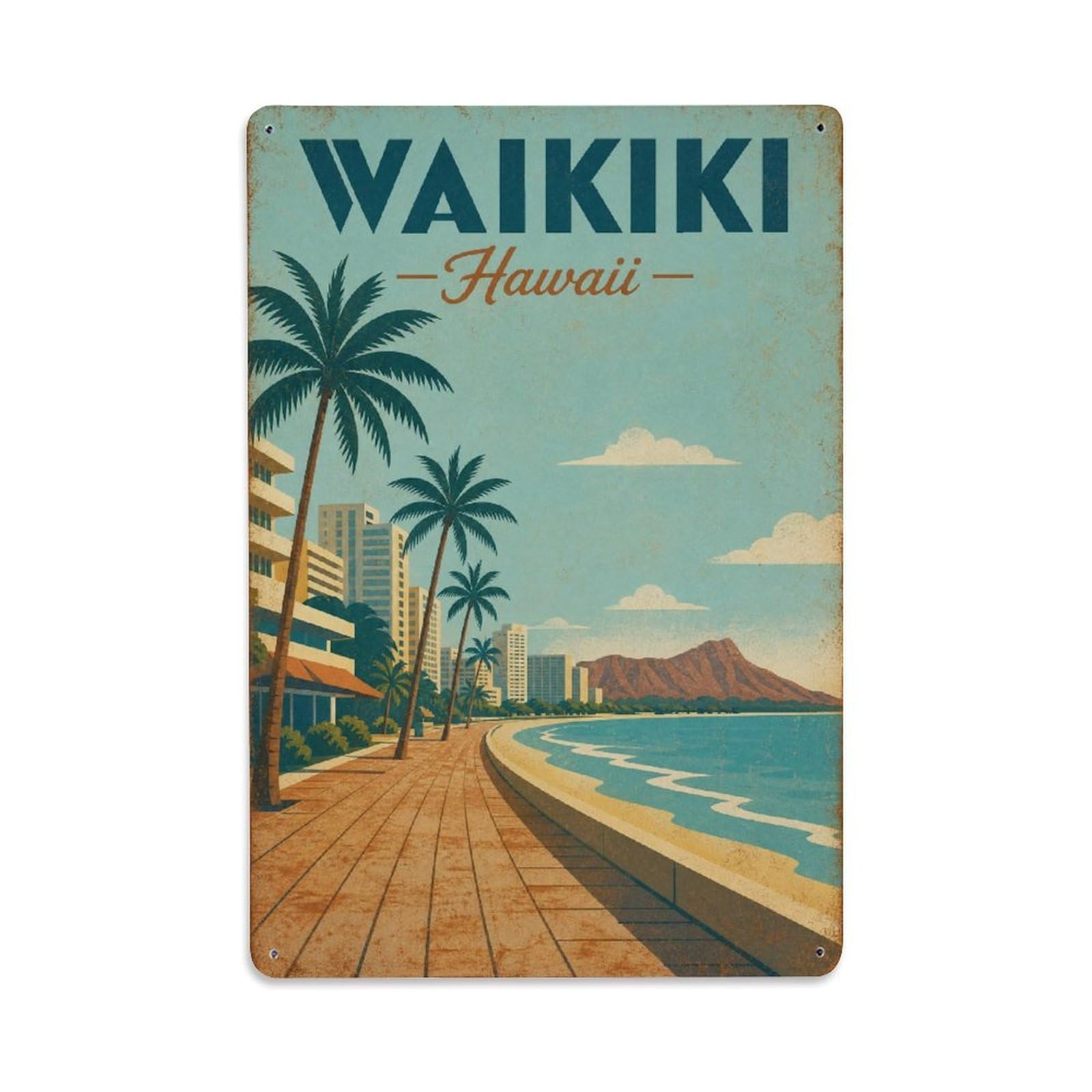 Heritage Waikiki Hawaii Island Seaside Boardwalk Travel Metal Tin Sign
