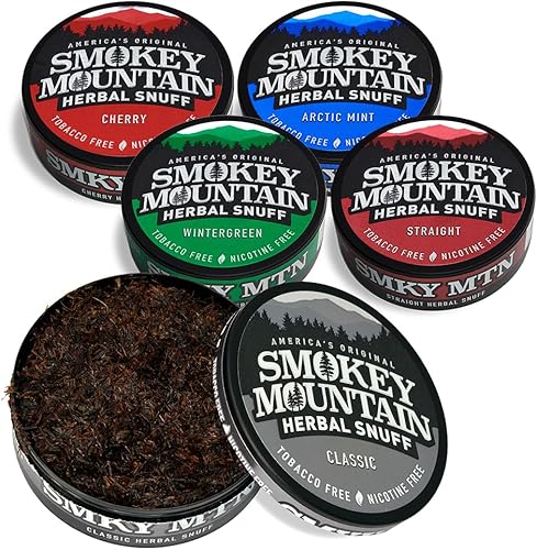 Smokey Mountain Herbal Long Cut – 5 Can Sampler Box - Straight, Classic, Wintergreen, Arctic Mint & Cherry - Tobacco Free and Nicotine Free Snuff