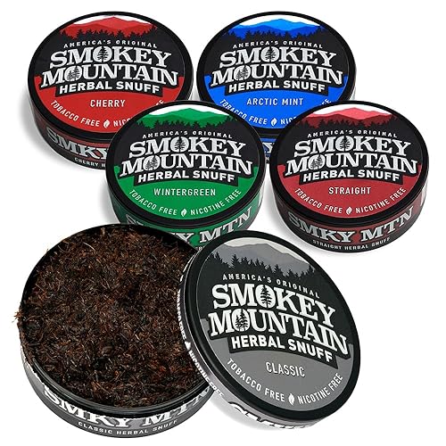 Smokey Mountain Herbal Long Cut - Caja de muestra de 5 latas - Recto, clásico, gaulteria, menta ártica y cereza - Tabaco sin tabaco y sin nicotina