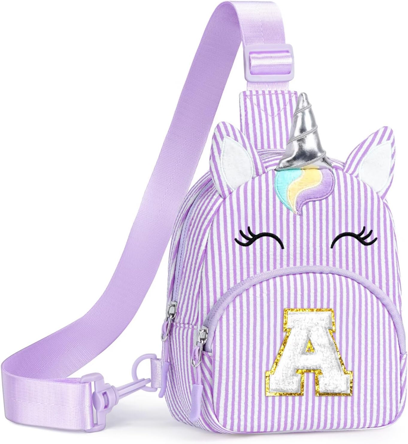 YOOLIFE Birthday Gifts for 2 3 4 5 6 7 8 Year Old Girl, Initial Fanny Pack Small Sling Bag for Little Girls Purse, Unicorn Kids Crossbody Bag, Personalized Gift for Daughter Sister, Purple (A)
