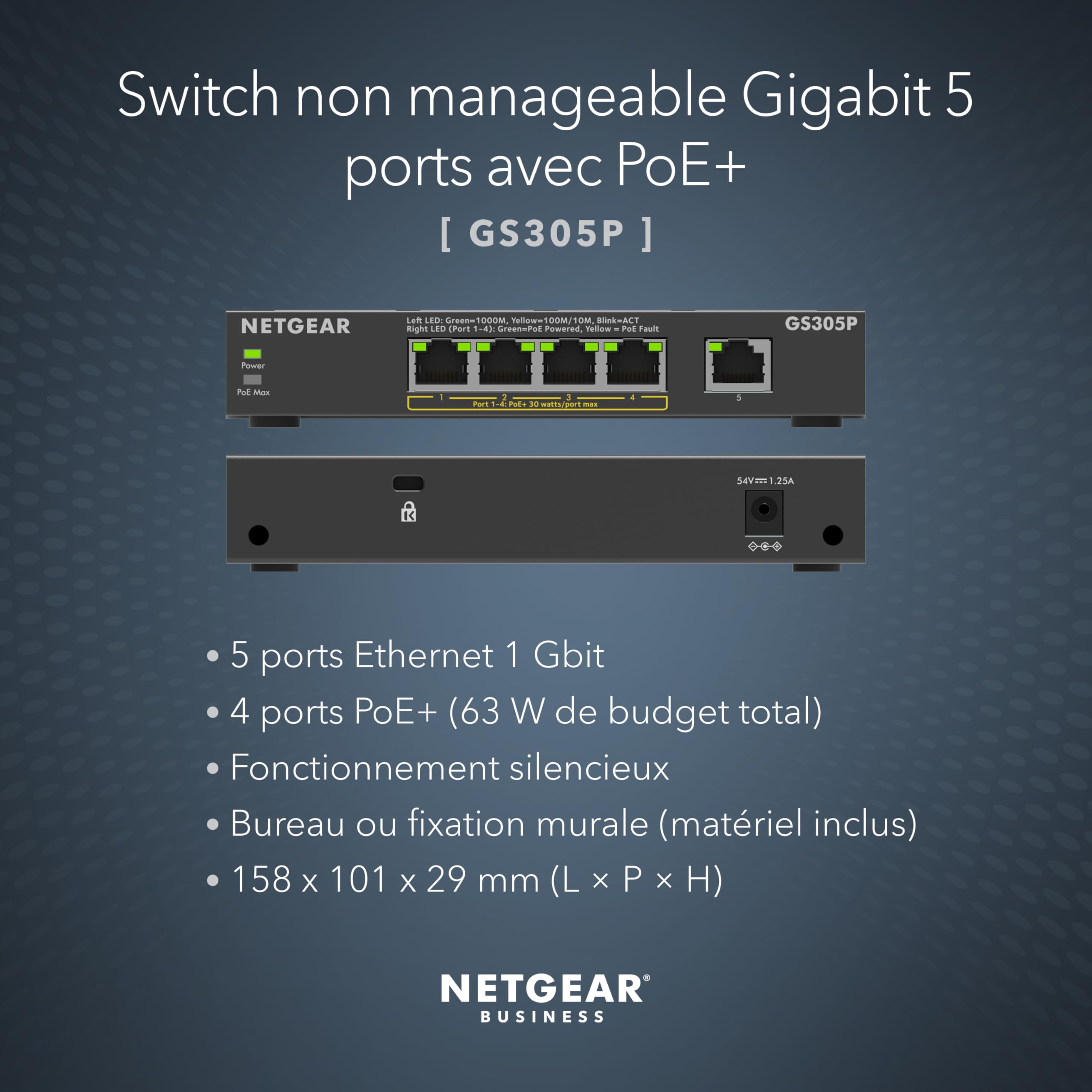 NETGEAR Switch 5 Ports Gigabit Ethernet PoE (GS305PV3) - avec 4 PoE+ à 63 W, Montage sur Un Bureau ou en Rack, Ultra Silencieux
