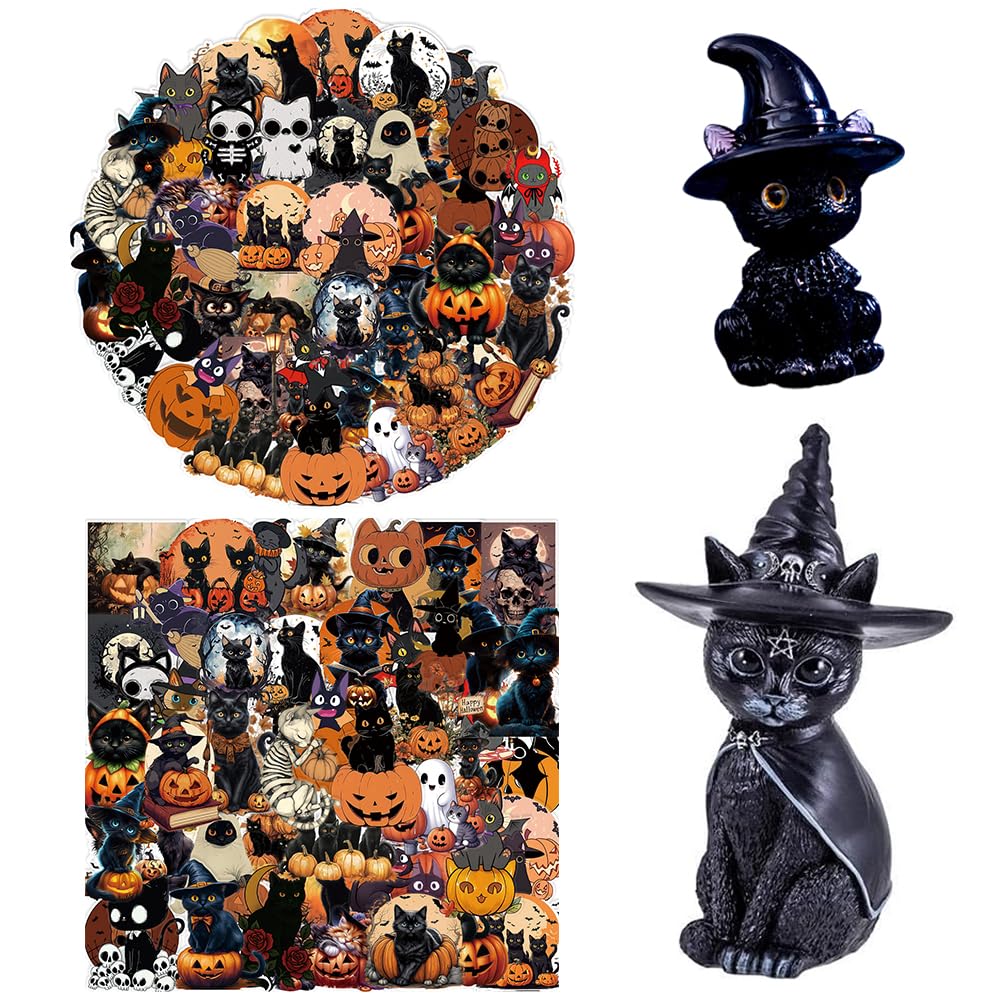Set de Decoración de Gato-Bruja para Halloween,Figura de Resina con Sombrero de Bruja 50 Pegatinas Decoración Tenebrosa para Ventanas, Mesas y Fiestas Amantes de los Gatos