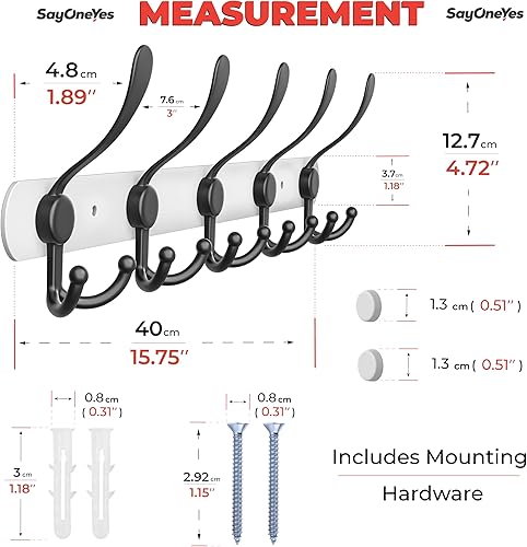 Miniatura 9 de SAYONEYES Perchero de pared con 5 ganchos dobles para colgar, 16 pulgadas, acero inoxidable SUS304, acabado mate, resistente al agua, gancho de