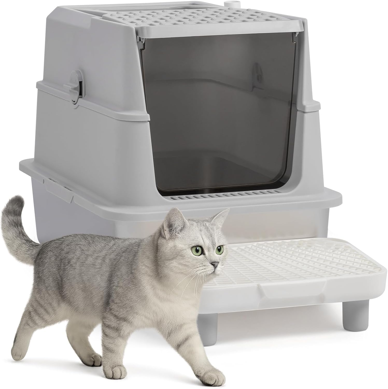 Outvita Stainless Steel Cat Litter Box with Lid 23.6", XL Metal Litter Box with Stair and Litter Scoop for Big Cats, Extra Large High Sided Enclosed, Anti-Leakage, Non-Sticky, Easy Cleaning