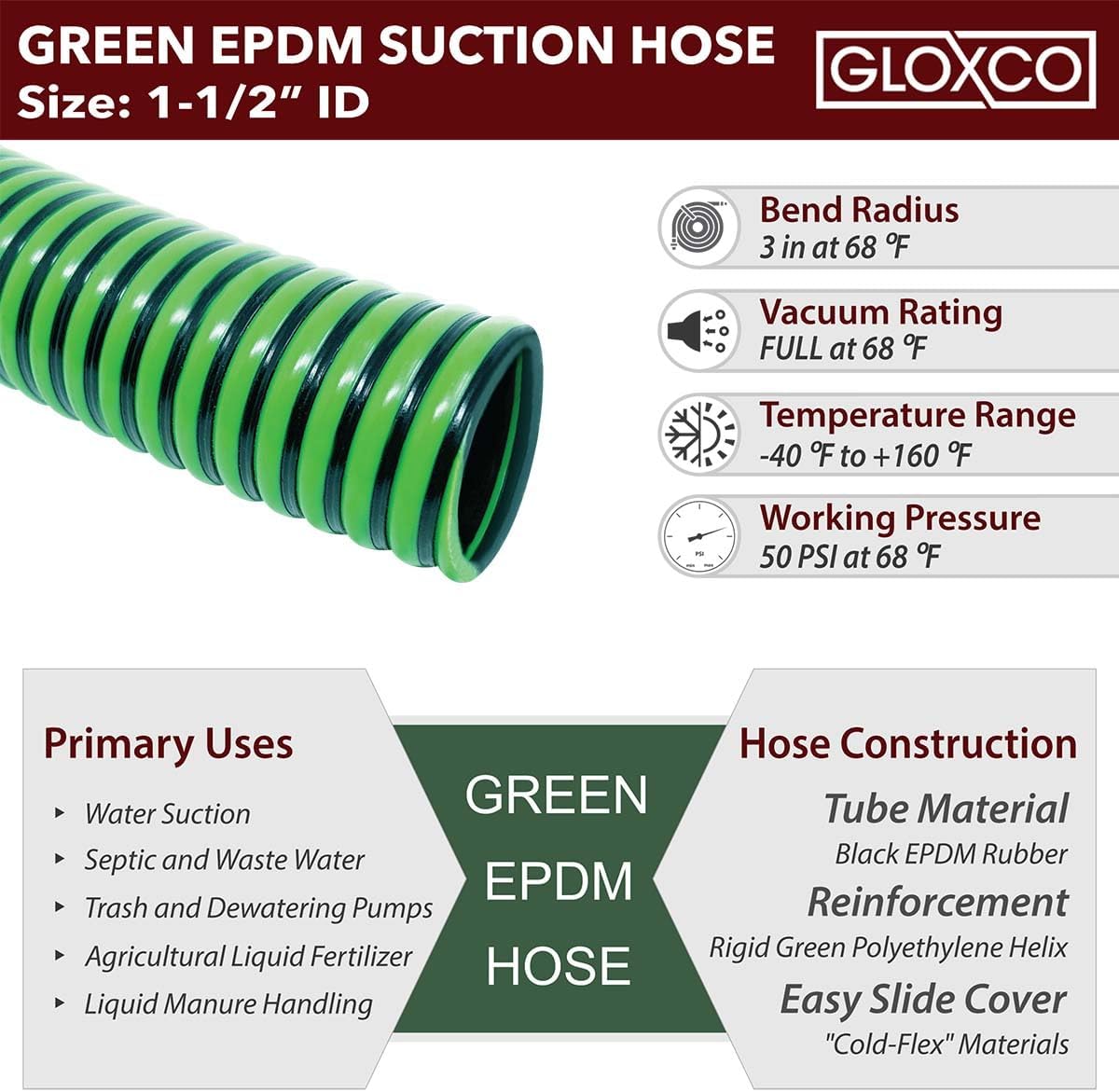 Gloxco Heavy Duty EPDM All Weather Suction Hose Assembly, Black Tube, Lime Green Helix, 1-1/2" Inside Diameter Hose with Male x Female NPSM Pinlug Fittings Installed, 20 ft Length