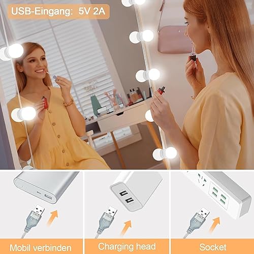 Miniatura 6 de Premtess - Luces de tocador para espejo, estilo Hollywood con 14 bombillas regulables, color y brillo ajustables, cable USB (no incluye espejo)