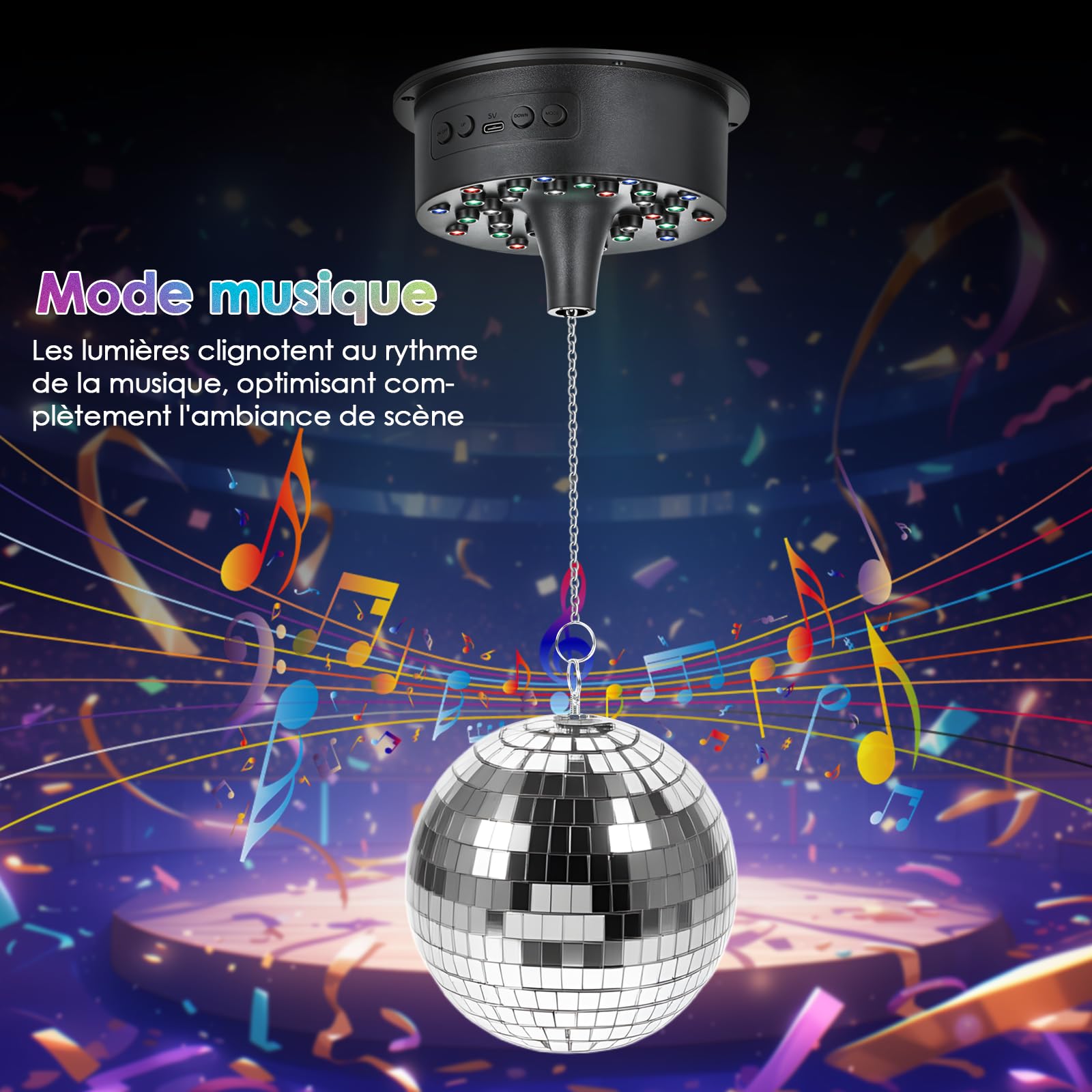 Tomshine Boule à Facettes Disco avec Moteur et Lumière 18cm - Boule Disco Rotative 30 LED RGB, Télécommande & Commande Musicale, Lampe Disco à Piles/USB pour Soirée Anniversaire Enfant Bar