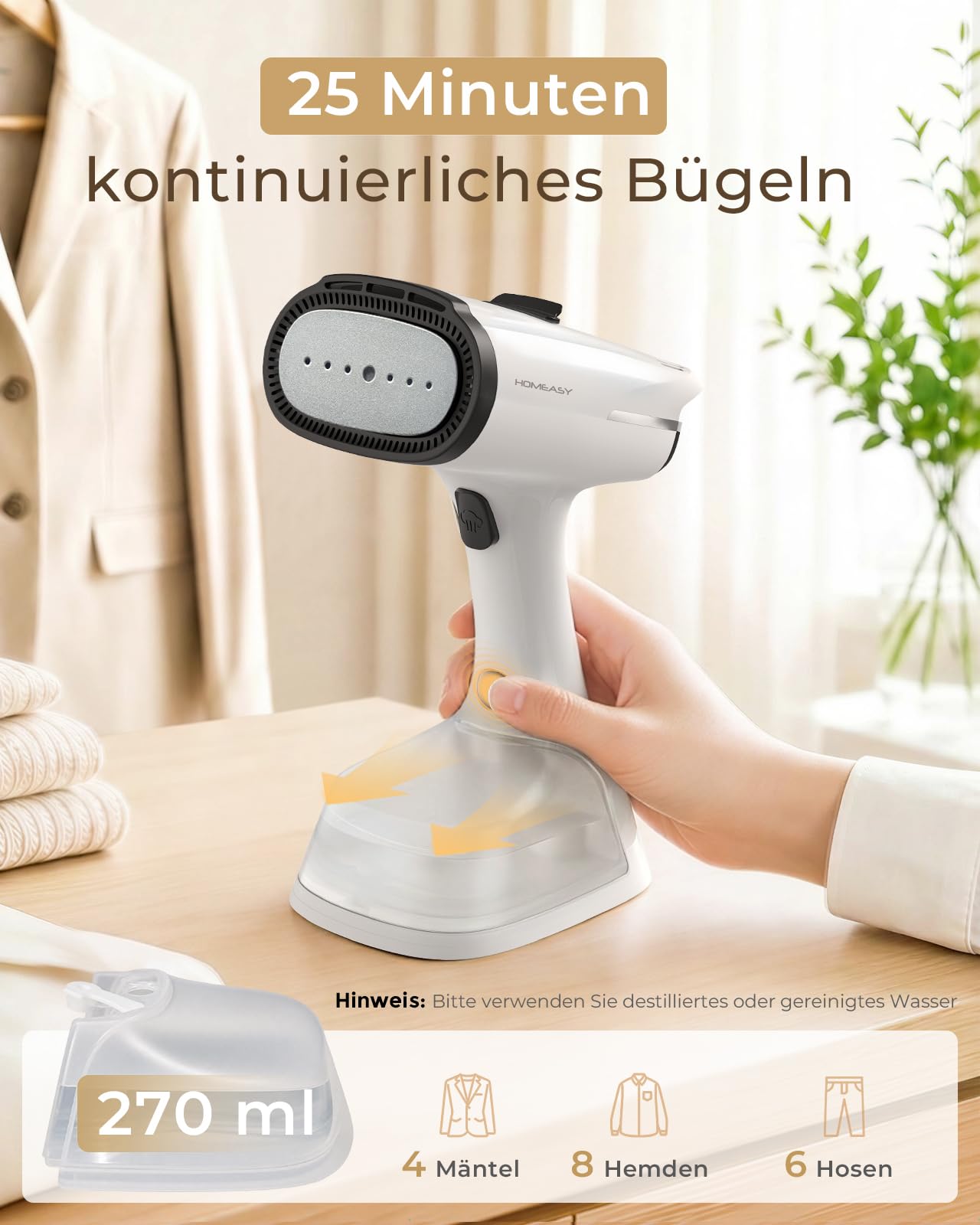 HOMEASY Dampfglätter mit Saugfunktion für Kleidung 6000Pa Vakuum Technologie 25s Schnellaufheizung 2 Dampfstufen 270ml Wassertank Handdampfglätter für Zuhause Reisen Hemden Anzüge