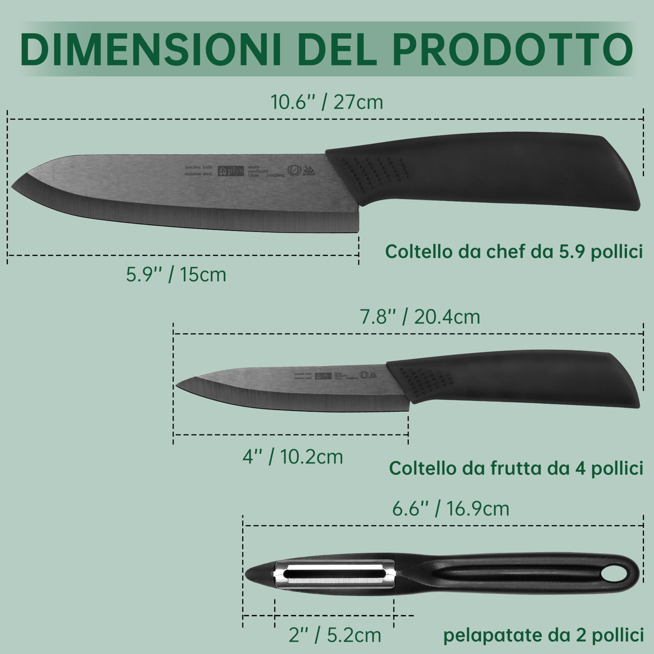 Ausker - Set Coltelli in Ceramica Nera ad Alta Densità, Manico Nero
