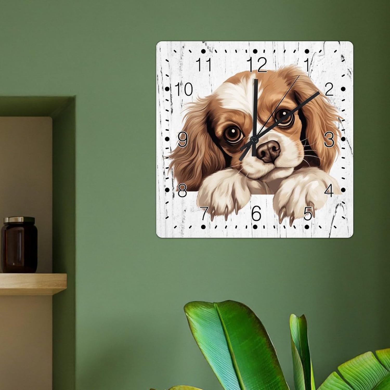 Harrier Wooden Clock Harrier Cute Funny Peeking Dog Puppy Clock Battery Operated Silent Wall Clocks Dog Lover Gift Pet Wooden Clock for Dinning Living Room 15x15in