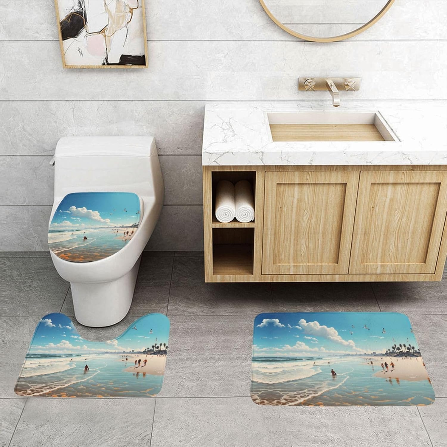 JCAKES Ocean Beach Print 3 Piece Bathroom Rugs Set Non-Slip Washable Cover Floor Rug Decorations for Kitchen Bathroom Bedroom