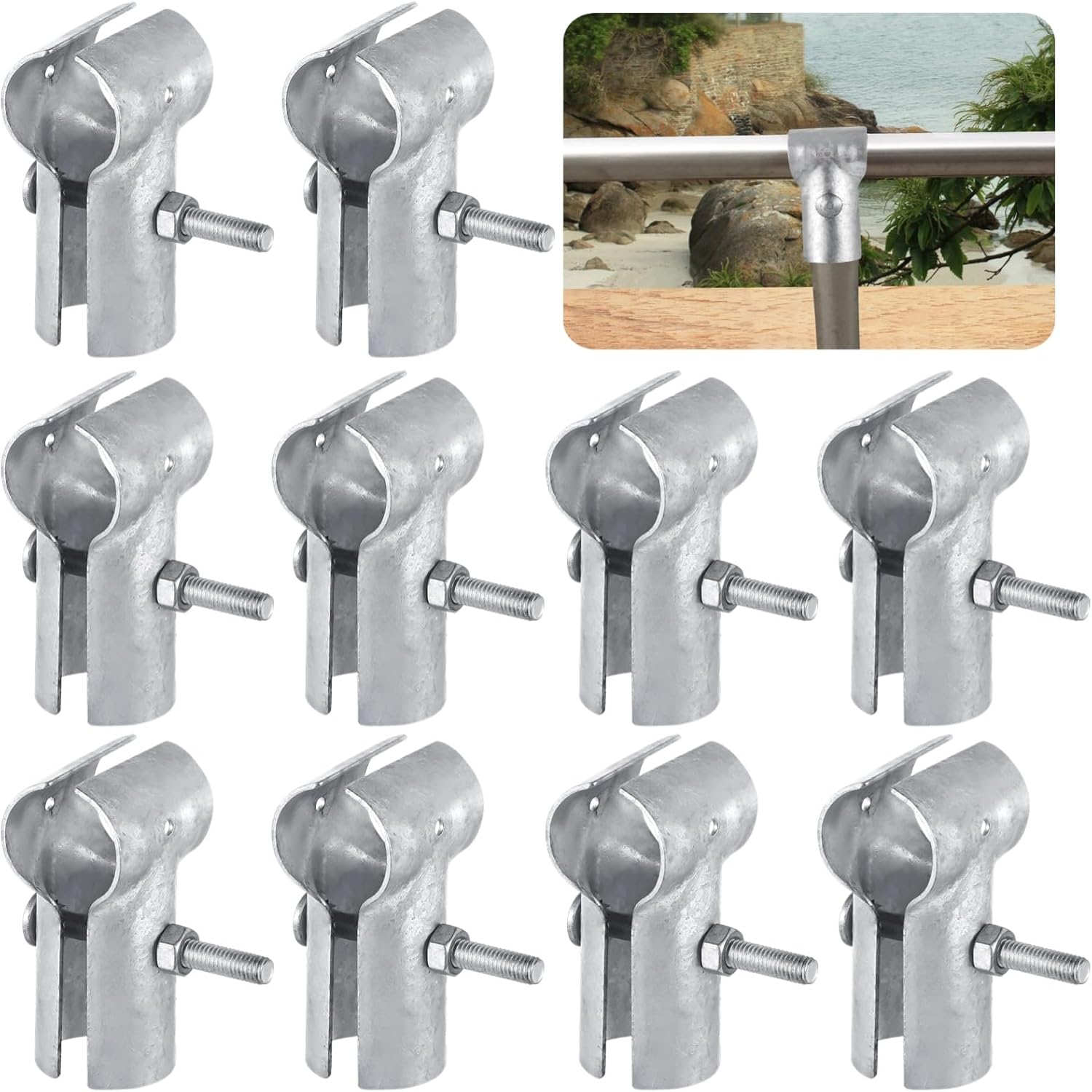 10 Pcs End Rail Clamps, Chain Link Fence Parts, T Pipe Clamp Tools, Galvanized Iron T Clamps, Fits 1-3/8" OD Pipes, Heavy-duty Pipe Connectors for Sturdy Fence Connection