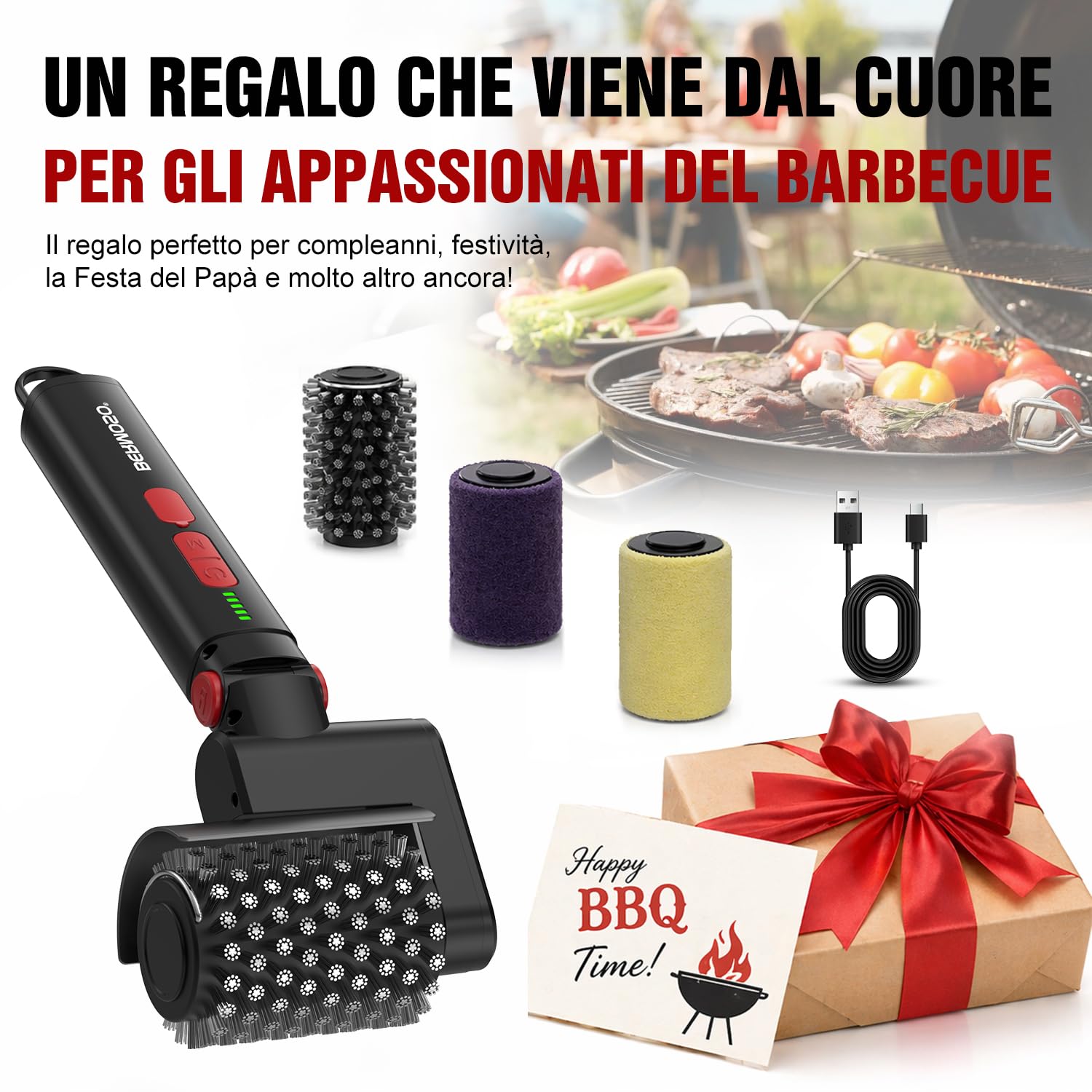 Spazzola elettrica per barbecue, pulitore ricaricabile USB 3 velocità, 3 testine, autonomia 150 minuti, impermeabile, resistente al calore, spazzola rotante senza fili