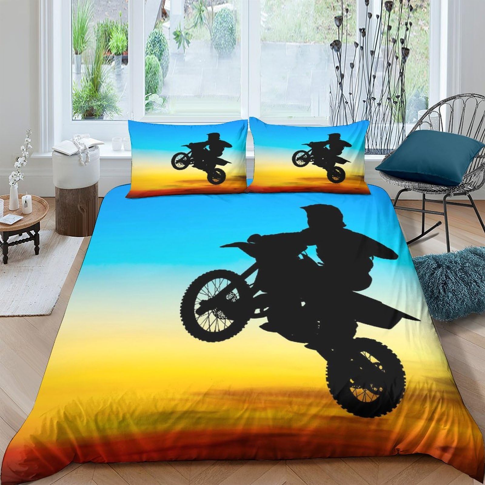 Ctjqhvkz Style-9 3D Printed Sunset Motocross Fitted Sheet Microfiber Soft Breathable Bike Silhouette Bed Cover For Bedroom Dorm Decor Single（135X200cm）