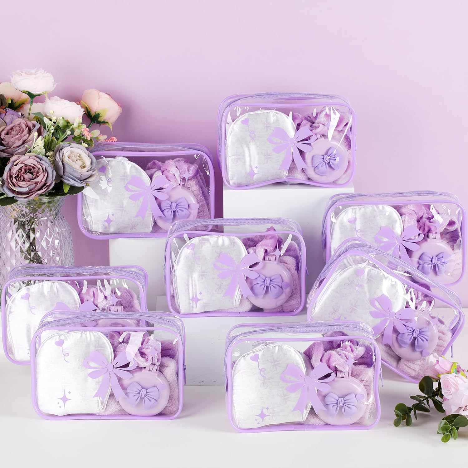 Honeydak 48 Pcs/ 8 Set Bow Coquette Party Favors for Sleepover Spa Party Supplies Trip Weekend Girls Gifts, Folding Hairbrush with Mirror Eye Mask Headband Wristband Scrunchie Makeup Bag (Purple)