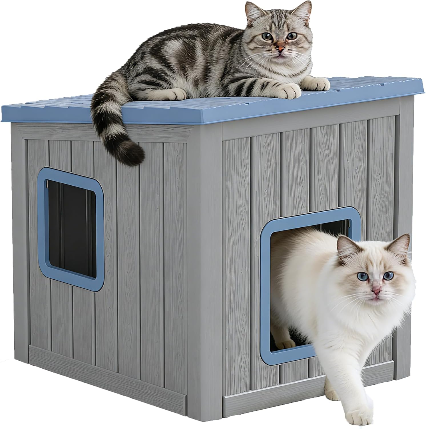 Outdoor Cat House, Cat Houses for Outdoor Indoor Cats, Clawsable Cat House Weatherproof, Feral Cat Shelter, Resin Insulated Material, Emergency Exit Easy to Clean and Install, Blue