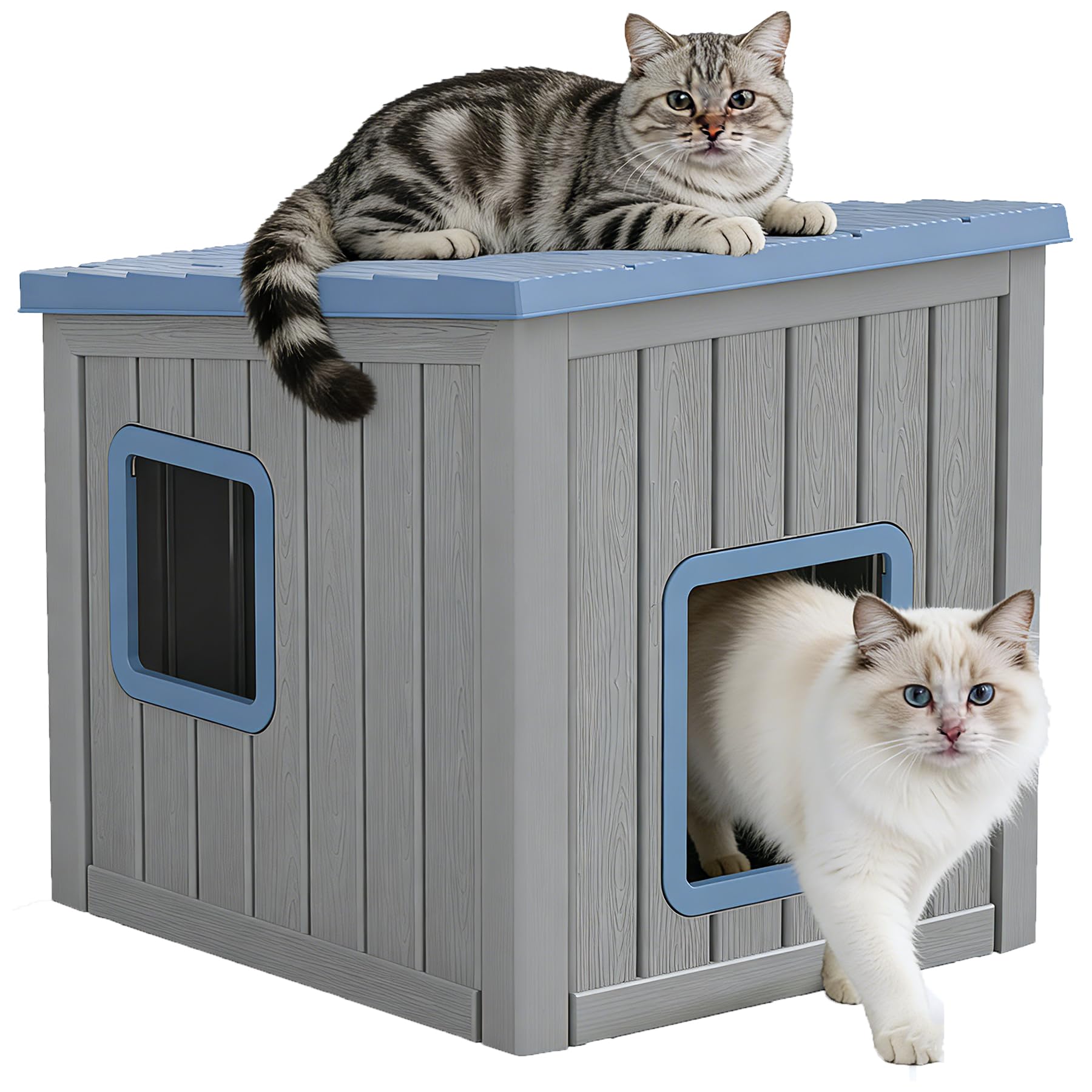 GULAIMOAO Outdoor Cat House, Cat Houses for Outdoor Indoor Cats, Clawsable Cat House Weatherproof, Feral Cat Shelter, Resin Insulated Material, Emergency Exit Easy to Clean and Install, Blue — image 1