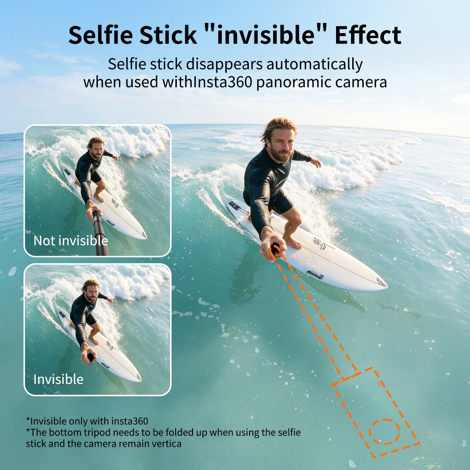 VRIG Palo selfie invisible de 160 cm/63 para cámara Insta360 X5/X4 Air/Osmo 360/AKASO 360/Xtra 360, poste de extensión telescópico TP-36 con adaptador GoPro y estaca oculta