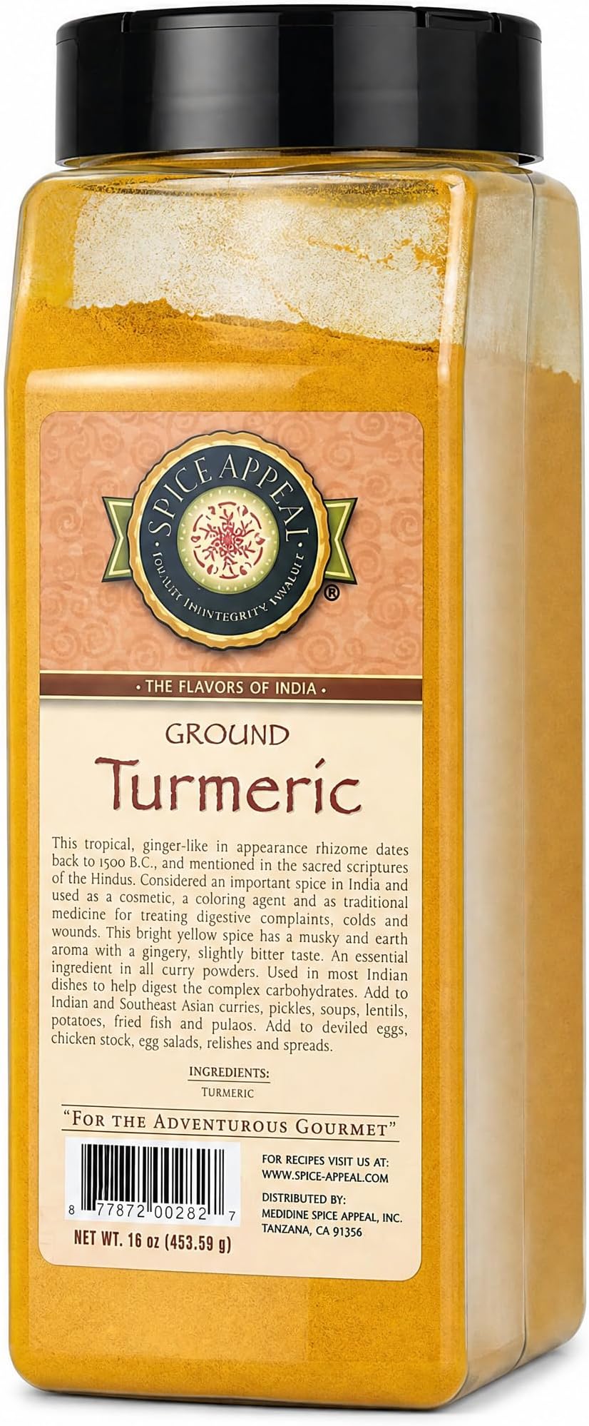 Spice Appeal Ground Turmeric Powder, Authentic Vegan Indian Spice, 16 oz | 1 Pound bulk bottle of natural, bright yellow culinary seasoning. Ideal for curries, golden milk lattes, and bulk food prep.