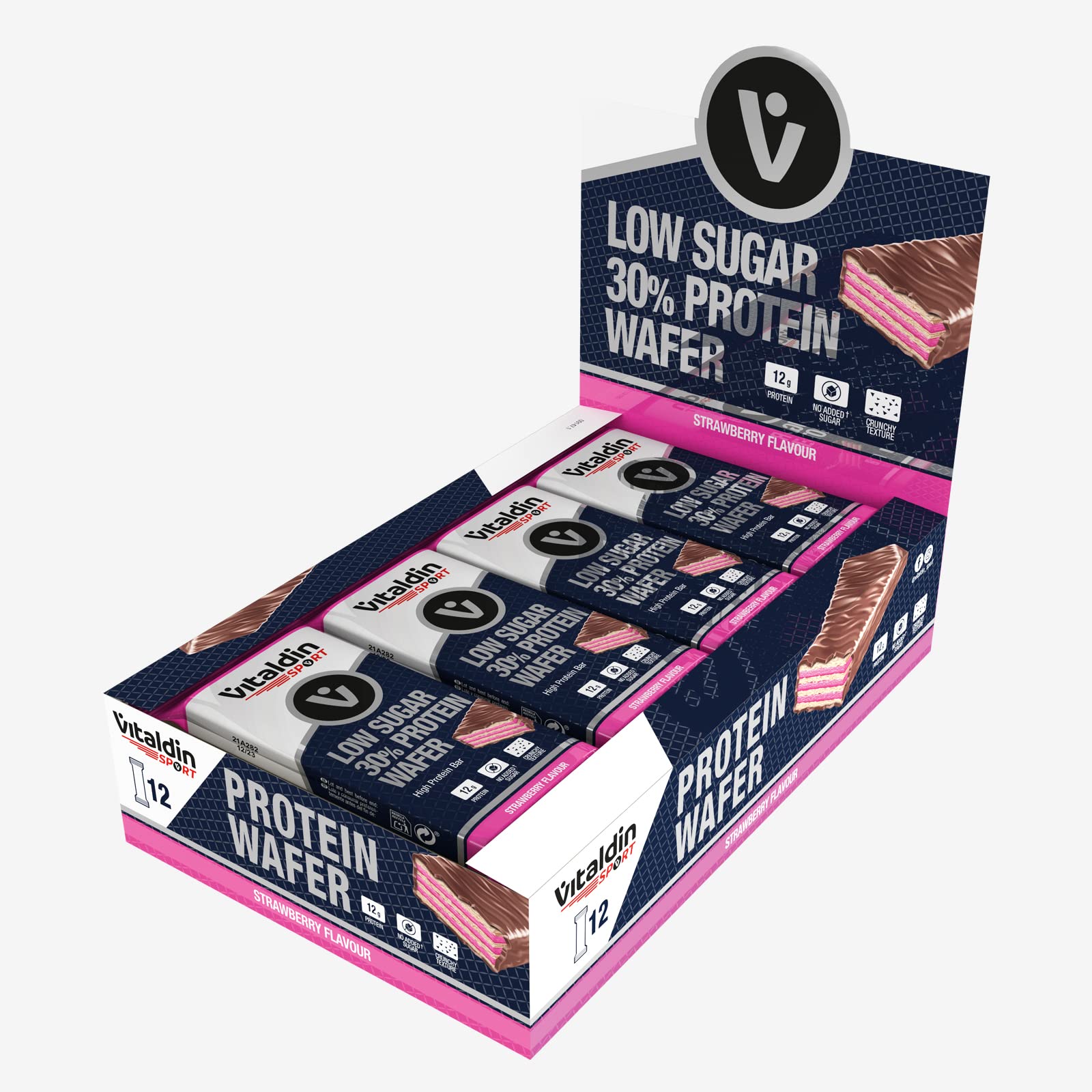 VITALDIN SPORT Low Sugar 30% Protein Wafer Fragola – 12 Barrette Proteiche x40 gr – Cioccolato Fondente – Lo Snack Perfetto Per I Tuoi Allenamenti - Merendine Ricche Di Proteine Vegane
