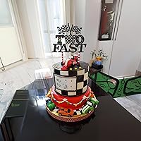 Vista 6 de Gyufise 1 pieza de decoración de pastel de cumpleaños con dos banderas negras con purpurina a cuadros para coche de carreras de 2º cumpleaños