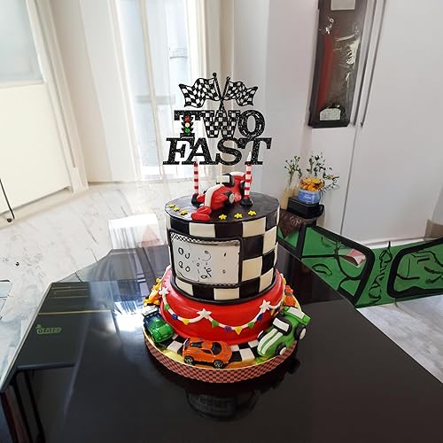 Miniatura 6 de Gyufise 1 pieza de decoración de pastel de cumpleaños con dos banderas negras con purpurina a cuadros para coche de carreras de 2º cumpleaños