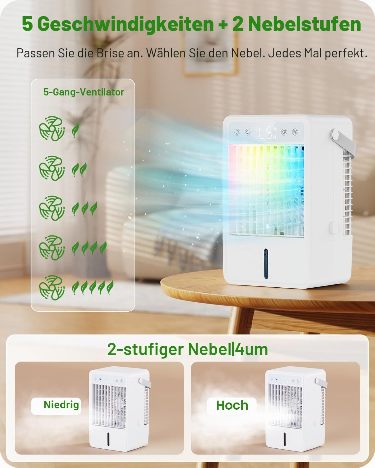 Mobile Klimaanlage mit 1500ML Wassertank, Mobiles Klimagerät mit 5 Gebläsestufen und 3 Betriebsarten, Timer-Funktion (2–10H), Fernbedienung, LED-Beleuchtung, USB-C-Anschluss - ideal für kleine Räume