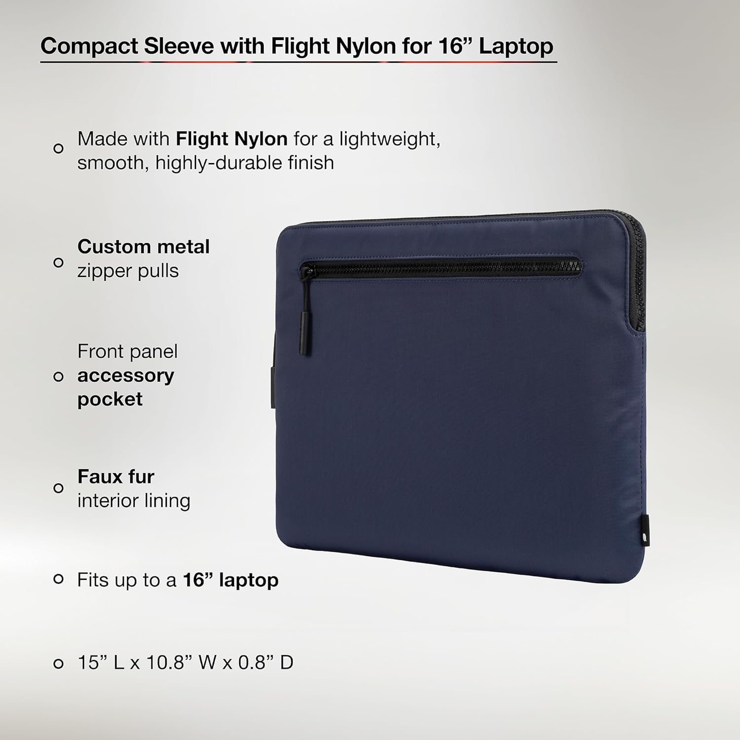 Incase Compact Laptop Sleeve with Flight Nylon - 16 Inch MacBook Pro and Laptop Case – Slim Computer Sleeve with Faux Fur Lining, Front Accessory Pocket with Zipper - Navy