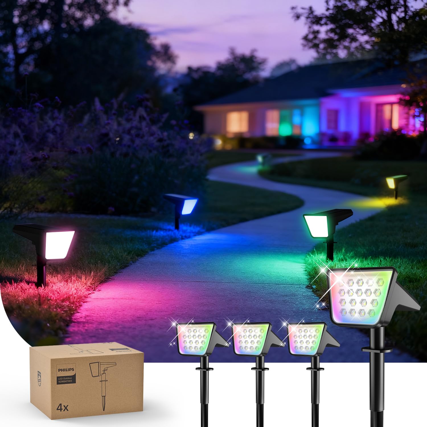 Philips 4 Stück Solarstrahler für Außen Garten, 18 LEDs RGBW Wasserdicht Gartenleuchten, 9 Beleuchtungsmodi Farbwechsende Wegeleuchten, Dusk to Dawn für Garten Halloween Weihnachten
