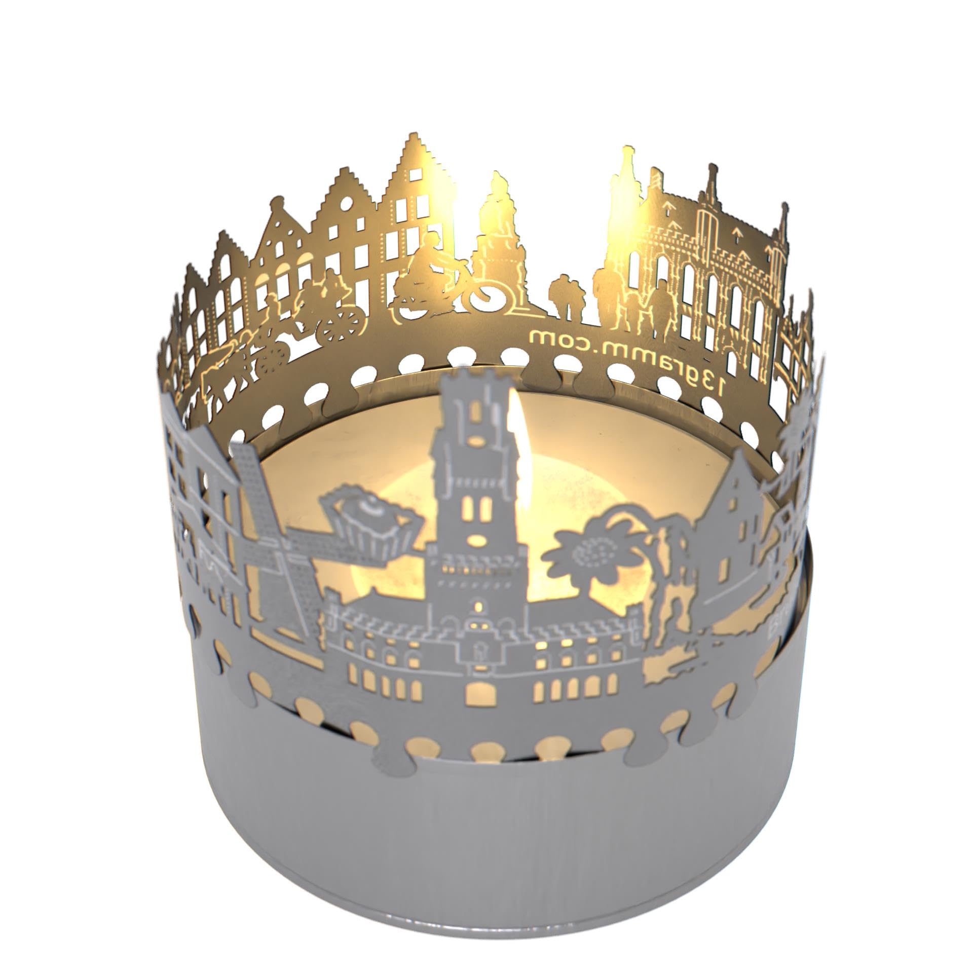 13Gramm Stainless Steel Bruges Skyline Shadow Play Candle: Mesmerizing Souvenir Gift - Projects Landmarks & Silhouettes - Perfect For Bruges Fans & City Enthusiasts