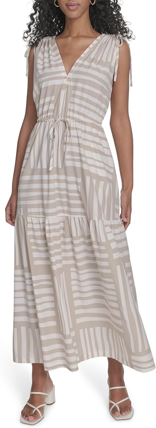 Calvin Klein Womens Sleeveless Tie Shoulder V-Neck Tiered Maxi Dress