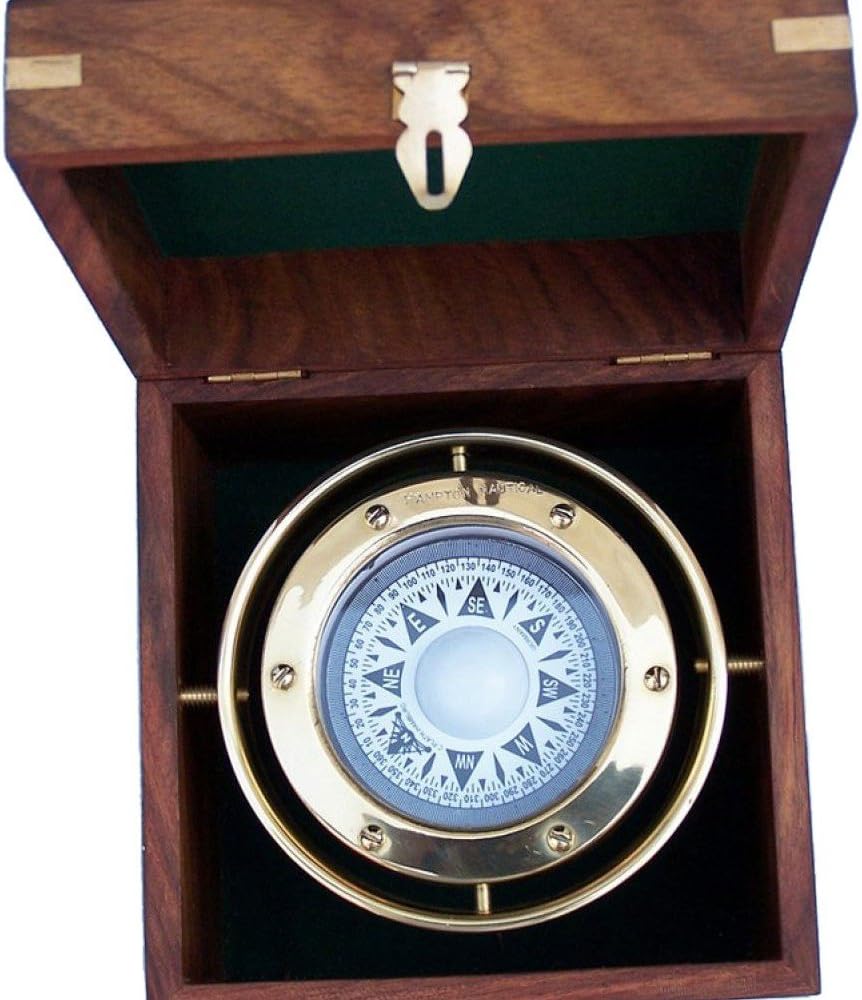 Solid Brass Gimbal Compass w/ Rosewood Box 4.5"