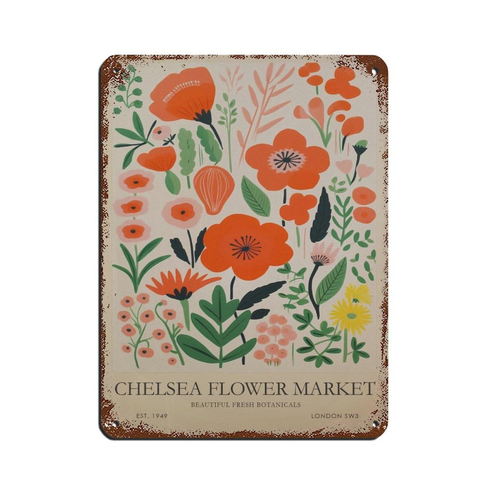 Chelsea Flower Market, Vintage Orange Floral Poster Tin Sign Vintage Metal Pub Club Cafe Bar Home Wall Art Decoration Poster Retro 12x16inch(30x40cm)