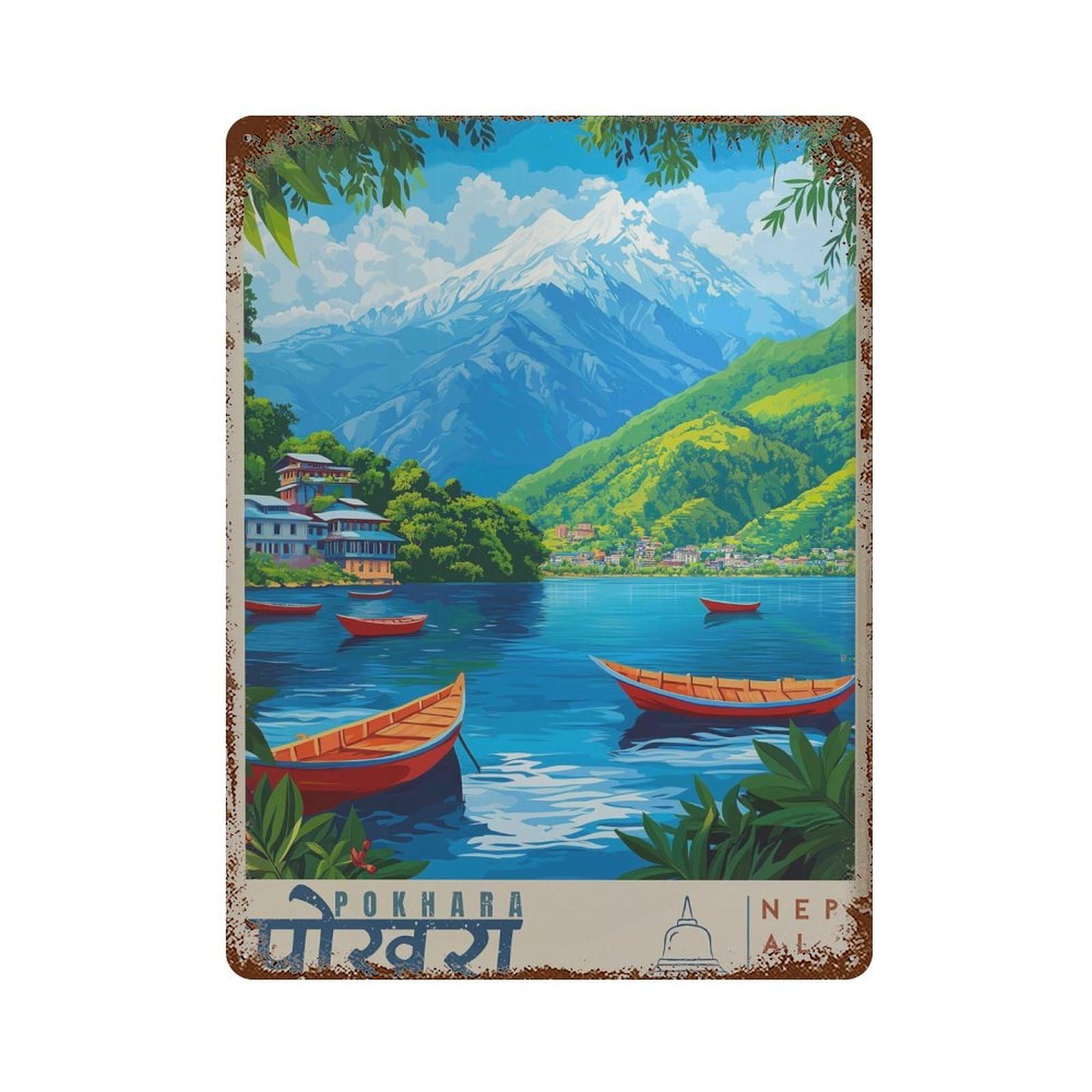 xiaoxiaoshen Pokhara Nepal Travel Annapurna & Phewa Lake in Nepali Wall Decor Art Metal Tin Poster Modern Home Decor Art Home Bar Shop Decorations Vintage Sign 40x30cm